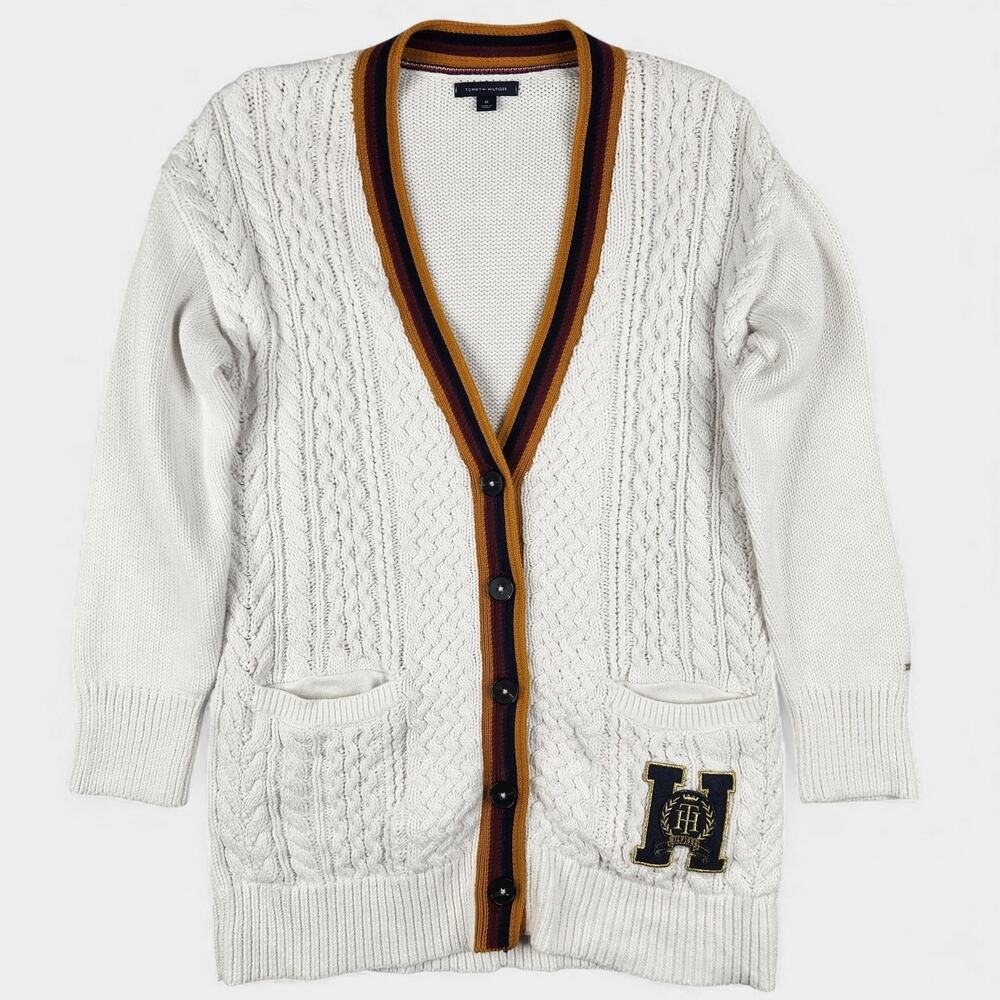 Tommy Hilfiger Cardigan Sweater Womens Medium White Cable Knit Varsity H
